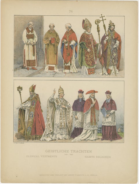 Renaissance and Baroque Clergy Dress, Antique Lithograph, ca.1880, view 2