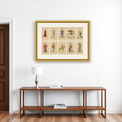 Set of 10 Hand-Colored Medieval Costume Prints by Paul Mercuri, Paris 1845, shown framed on a wall