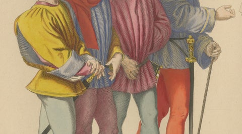Medieval Messengers & Courtiers, Elegant Hand-Colored Antique Print, France 1845, close-up 5