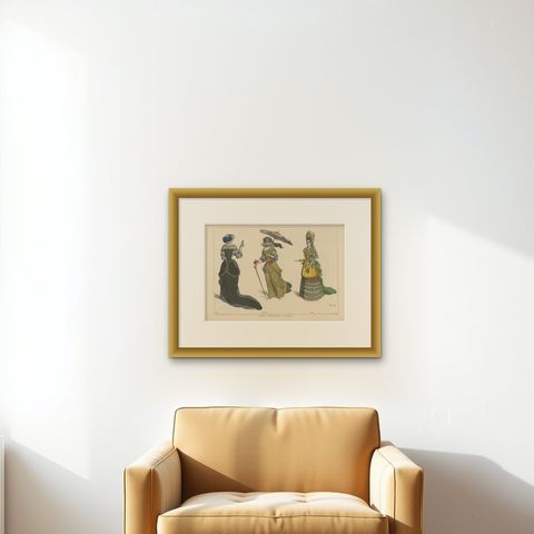 Antique Print of French Ladies by Jacquemin 'c.1870', shown framed on a wall