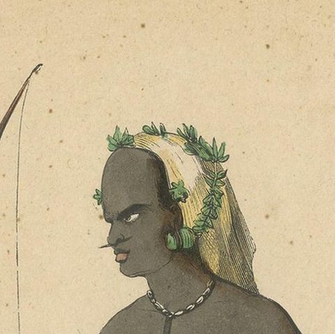Antique Costume Print of a Warrior of Vanikoro Island by Wahlen, 1843, close-up 1