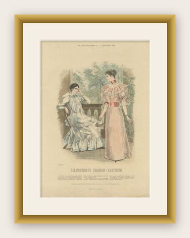 Antique Fashion Print of Women in Colorful Dresses, by Dürr, 1892, shown framed