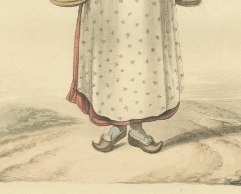 Milk Woman of Valenciennes with Brass Milk Cans, Antique Ackermann Print, 1817, close-up 3