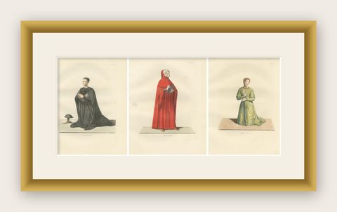 Costumes of a Knight, a Poet, and a Muse from Medieval Italy, Published in 1845, shown framed