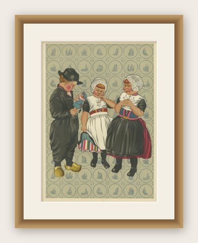 Children’s Traditional Dress from Urk with Embroidered Aprons and Silver Details, shown framed
