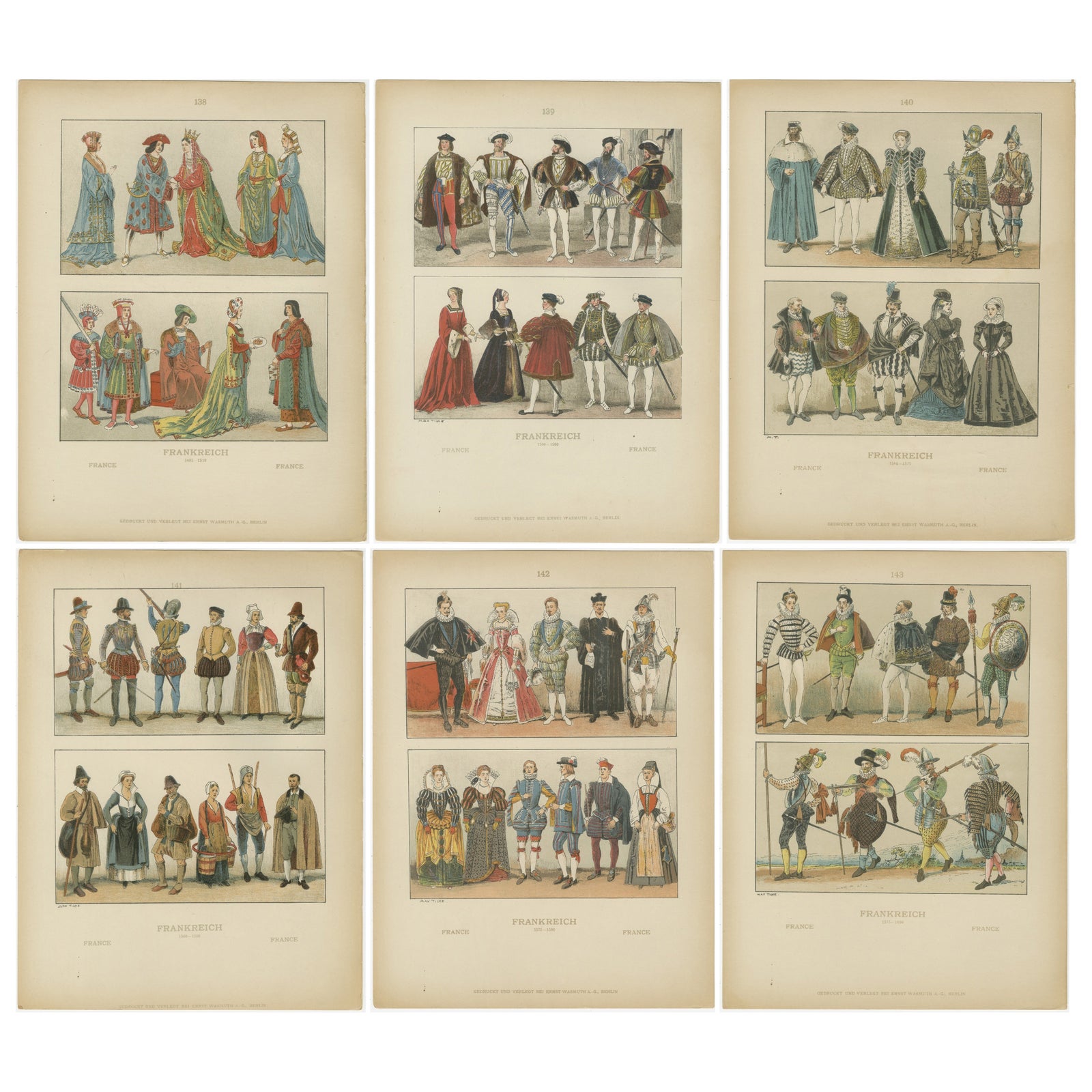 French Renaissance Costumes 1500s, Set of 6 Antique Prints, Published in 1880