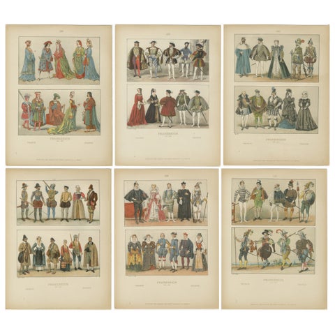 French Renaissance Costumes 1500s, Set of 6 Antique Prints, Published in 1880