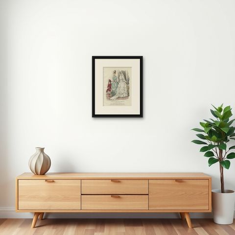 French Fashion Print, Bridal Scene with Ladies & Child, c.1887, shown framed on a wall