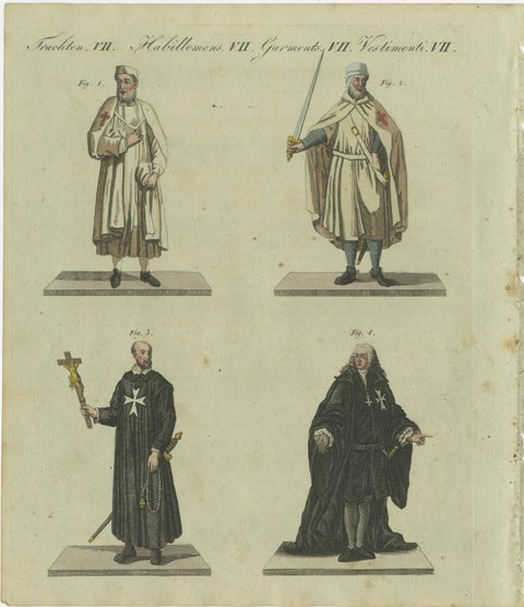Knights Templar and Clergy: Hand-Colored Engraving of Historical Attire (1805), view 2