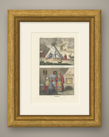 Nomadic Lapp Reindeer Camp and a Finnish Interior, Hand Colored Lithograph, 1842, shown framed