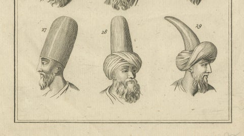 Antique Ottoman Turban Study, 18th Century Costume Headgear Engraving, ca.1774, close-up 3