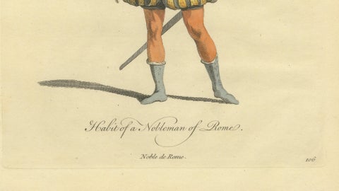 Roman Nobleman Costume Engraving, Renaissance Court Dress, Hand-Colored, 1749, close-up 3