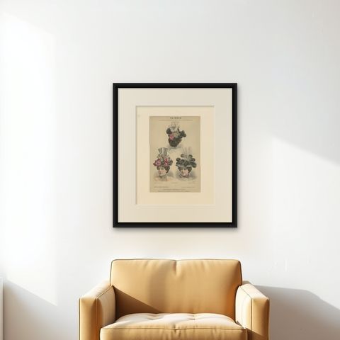 Pl. 3275 Antique Fashion Print of Ladies with Hats 'c.1895', shown framed on a wall
