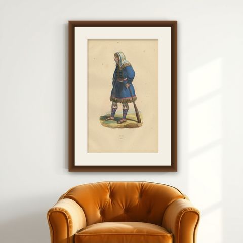 Traditional Kurek Attire in Handcolored Lithograph from 1844, shown framed on a wall