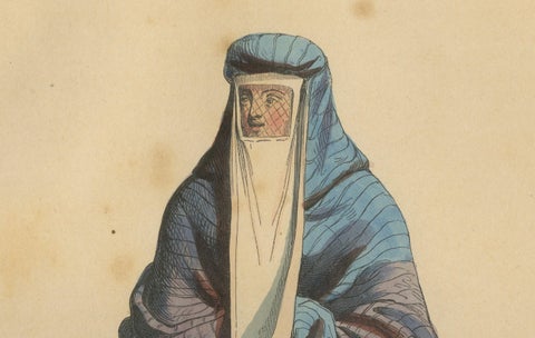 Elegant 1844 Lithograph of a Persian Woman in Traditional Attire, close-up 2