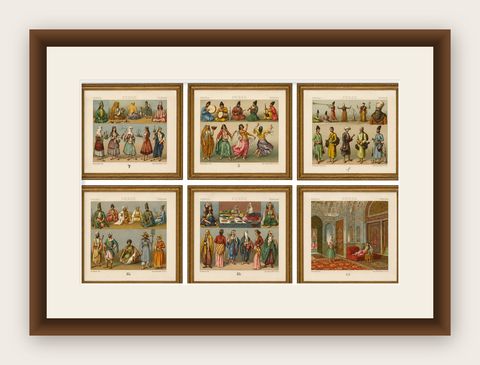 Set of 6 Persian Costume & Interior Chromolithographs by Racinet, 1888, shown framed