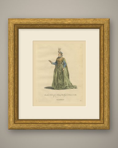 Another Lady of Quality in France in 1581, Hand Colored Costume Plate, 1757, shown framed