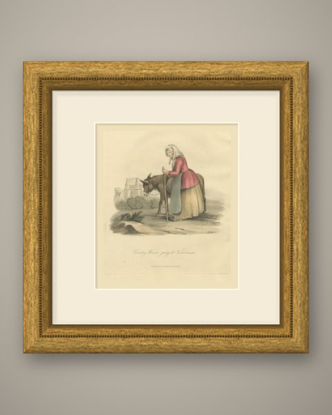 Country Woman and Donkey going to Valenciennes, Antique Print, 1817, shown framed