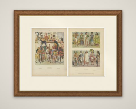 Aztec & Early Mexican Costumes, Set of 2 Antique Prints, 1500–1525, ca.1880, shown framed