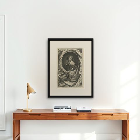 Old Portrait of Robert Rich, English Colonial Administrator, Admiral and Puritan, shown framed on a wall