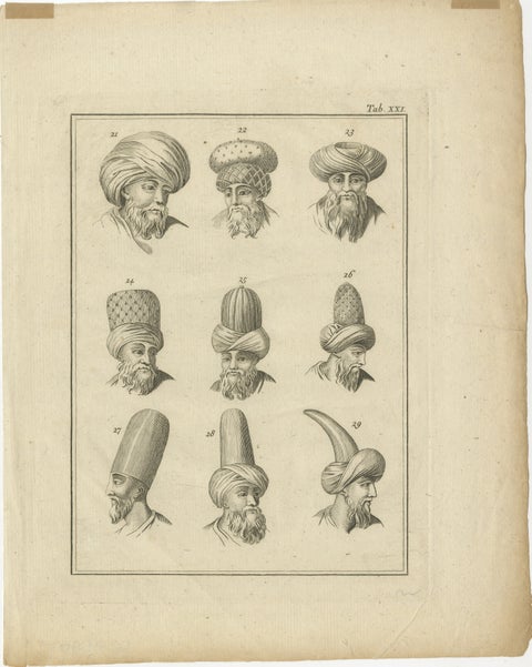 Antique Ottoman Turban Study, 18th Century Costume Headgear Engraving, ca.1774, view 2