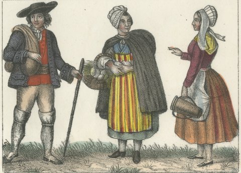 Stilt Walker of Haiden and French Peasants, Hand Colored Lithograph, 1842, close-up 2