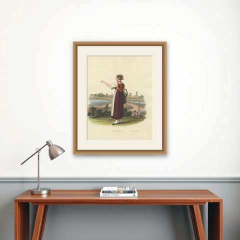 Costume Print: Woman near the Bridge of Lodi, Lombardy, Italy - 1820s Engraving, shown framed on a wall