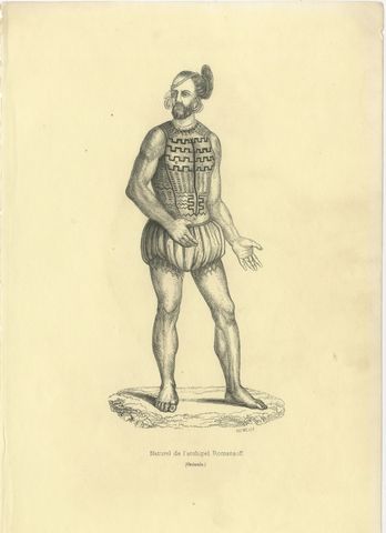 Native of the Romanzoff Archipelago, Antique Wahlen Costume Print, 1843-1844