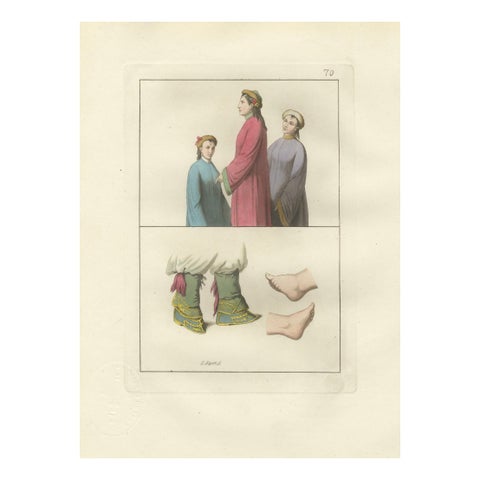 Antique Hand-Coloured Engraving of Chinese Costume & Footbinding, 1815
