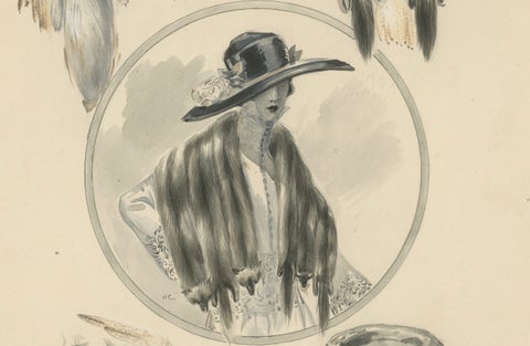 French Art Nouveau Fashion Design with Fur Stoles and Elegant Lady, c.1910, close-up 6