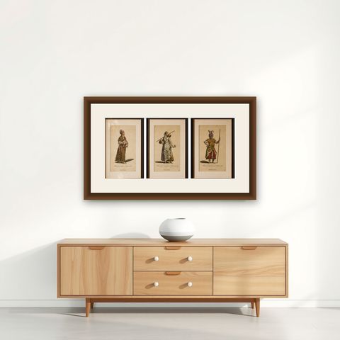 Antique Persian Costume Prints Set of 3, Hand-Colored Engravings, 1749, shown framed on a wall
