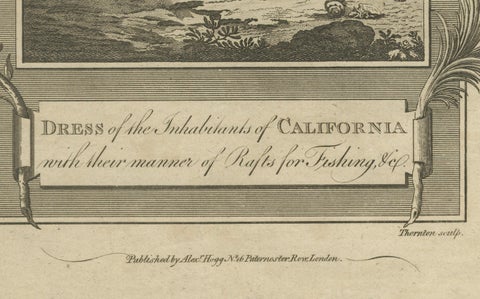 California Indigenous Dress & Fishing Rafts, Early Ethnographic Engraving 1754, close-up 2