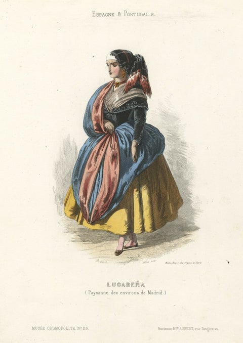 Handcolored Print of a farmer's Wife from the Region of Madrid, Spain, 1850, close-up 1