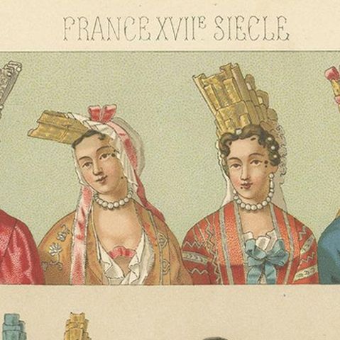 Pl. 104 Antique Print of French 17th Century Costumes by Racinet, circa 1880, close-up 1