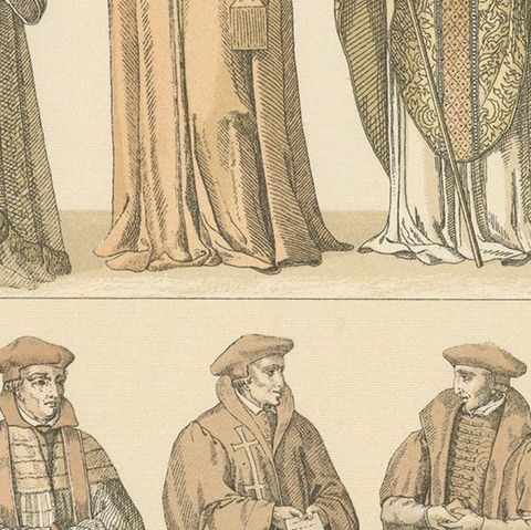 Pl. 61 Antique Print of European 16th Century Costumes by Racinet, circa 1880, close-up 2
