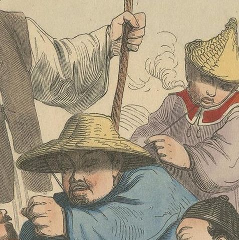 Antique Costume Print of Chinese Men playing a Game of Dice by Wahlen, 1843, close-up 1
