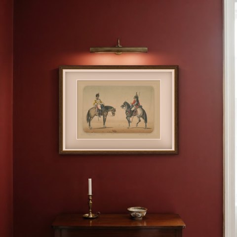 Spanish Cavalry Troopers in Bearskin Cap and Crested Helmet, Villegas, 1861, shown framed on a wall
