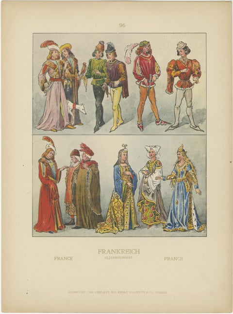 France 15th Century, Pair of Antique Hand-Colored Costume Prints, Published 1880, view 2