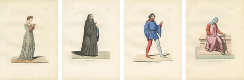 Set of Four Medieval Figures, Costume & Daily Life, Handcolored Engravings 1845, view 6