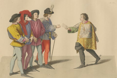 Medieval Messengers & Courtiers, Elegant Hand-Colored Antique Print, France 1845, close-up 2