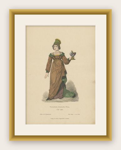 Antique Costume Print of a German Noblewoman by Lipperheide, c.1880, shown framed