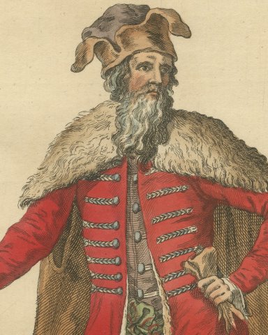 Habit of a Russian Merchant in 1577, Hand Colored Jefferys Costume Plate, 1757, close-up 1
