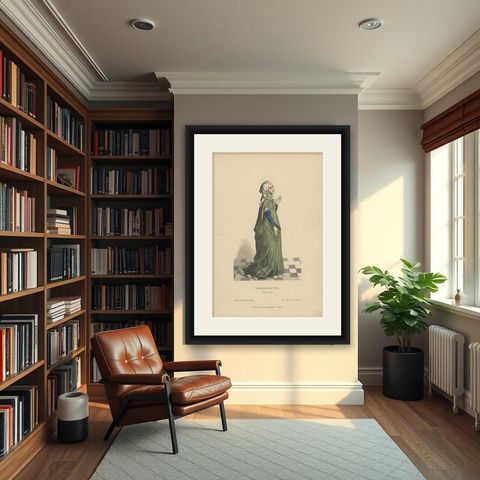 Antique Costume Print of a Lady from Burgundy, France, c.1880, shown framed in a room