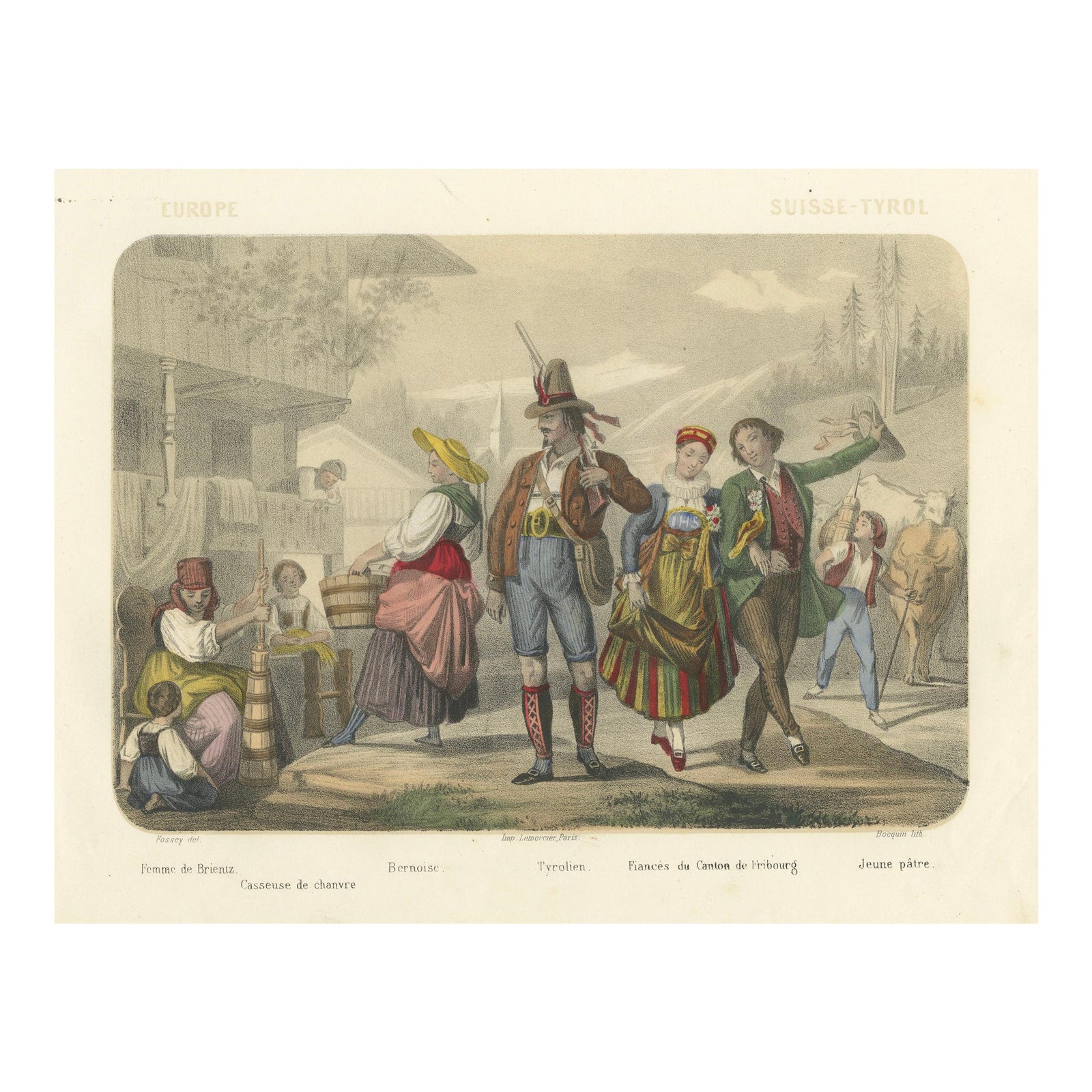 Swiss and Tyrolean Costumes, Fiancés of Fribourg and Tyrolean Figures, c.1845