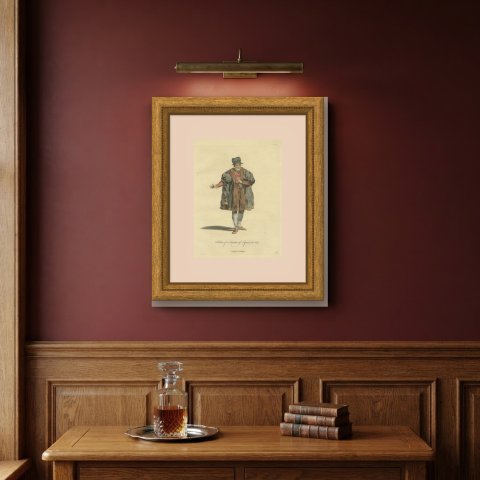 Senator of Leipzig in Fur-Faced Gown and Striped Hat, Costume of 1577, 1757, shown framed on a wall