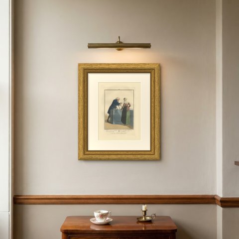 The Fixed Price, Shopkeeper and Customer, Dutch Costume Print, 1811, shown framed on a wall