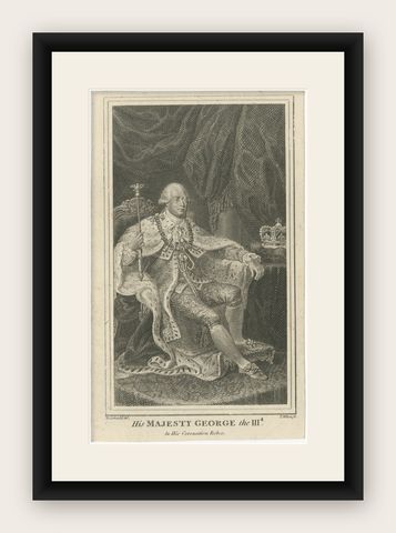King George III in Coronation Robes, Small Antique Engraved Portrait, c.1780, shown framed