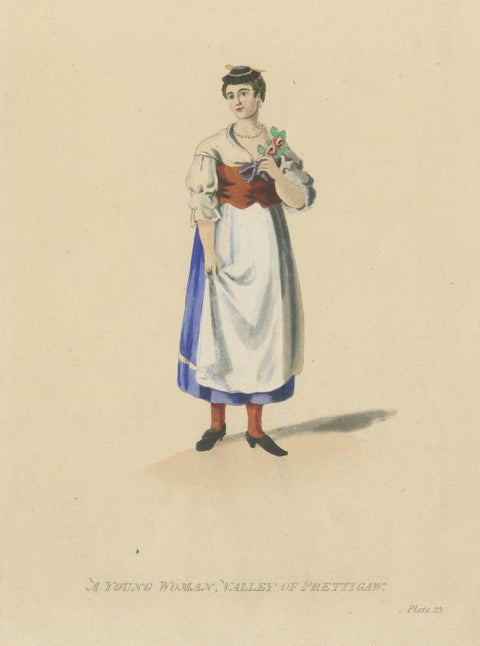 Original Antique Print of a Young Woman from Prättigau, Switzerland, ca.1815, close-up 1