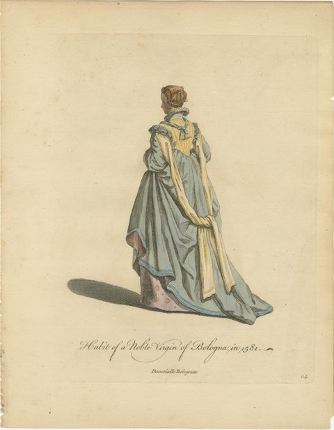 Bologna Renaissance Costume Engravings, Hand-Colored Italian Fashion Pair, 1749, view 3