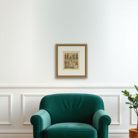 Pl. 127 Antique Print of Swedish Costumes of Racinet, 'circa 1880', shown framed on a wall
